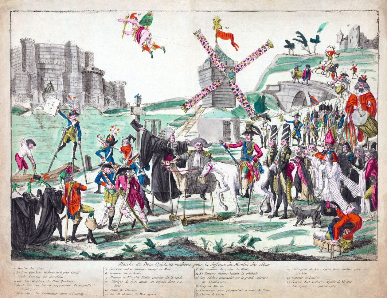 Marche du Don Quichotte Moderne pour la Défense du Moulin des Abus, vydáno 1791 (ručně kolorovaný lept) od French School