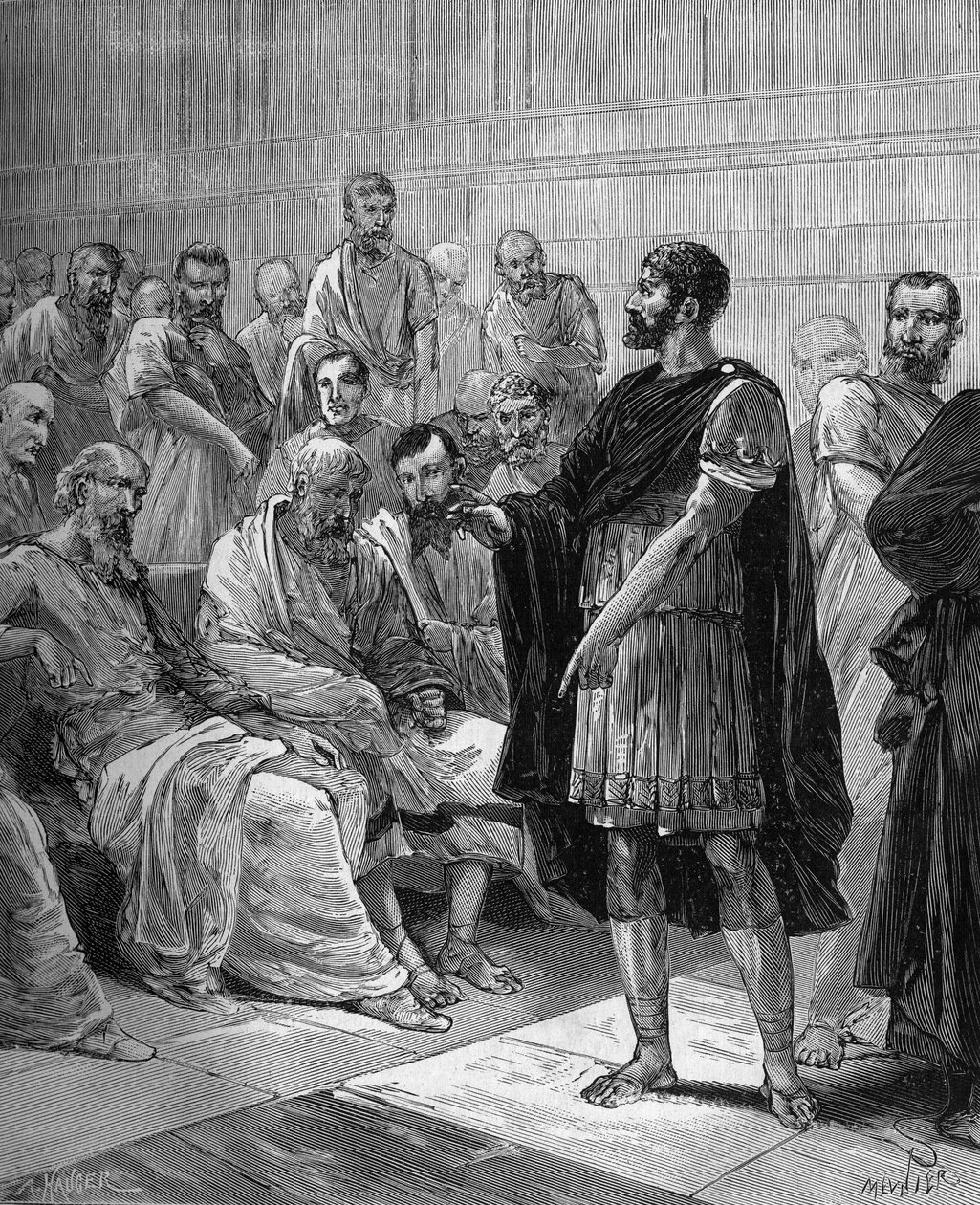 Marcus Atilius Regulus před římským senátem – římský konzul Marcus Atilius Regulus (asi 256 př. n. l.) před římským senátem – v „Populární historii vědy, vynálezů a objevů od prvních století do současnosti“ od Bitarda Adolpha 1880 od French School