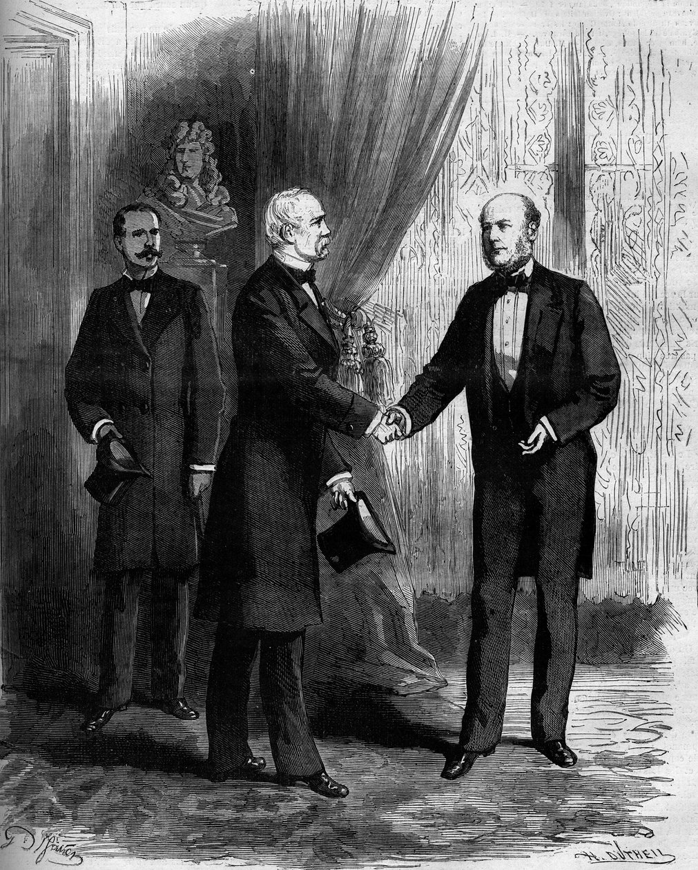 Marechal Patrice de Mac Mahon (Mac-Mahon) (1808-1893) blahopřeje svému nástupci ve funkci prezidenta Francouzské republiky Julesi Grevymu (1807-1892). Rytina v „“ Le Monde Illustré““ č. 1141 z 8. února od French School