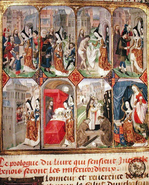 Markéta z Yorku († 1503) Třetí manželka Karla Smělého (1433-77) vévoda z Burgundska, provádějící skutky lásky, z „Traite Sur La Misericorde“ (vellum) od French School