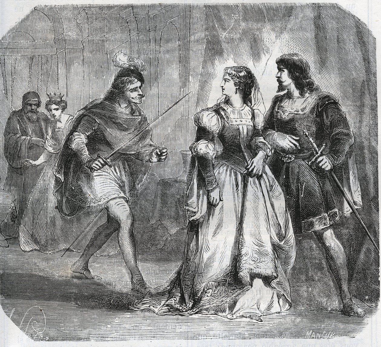 Marguerite de Baviere, vévodkyně z Burgundska (1363-1423) a královna Isabeau (Isabelle, Elisabeth) z Baviere (1371-1435) oddělují Ludvíka I. z Valois, vévodu z Orleans (1372-1407) a Jean Sans Ppeur (vévodu z Burgundska) 1371-1419), kteří bojují za vládu od French School