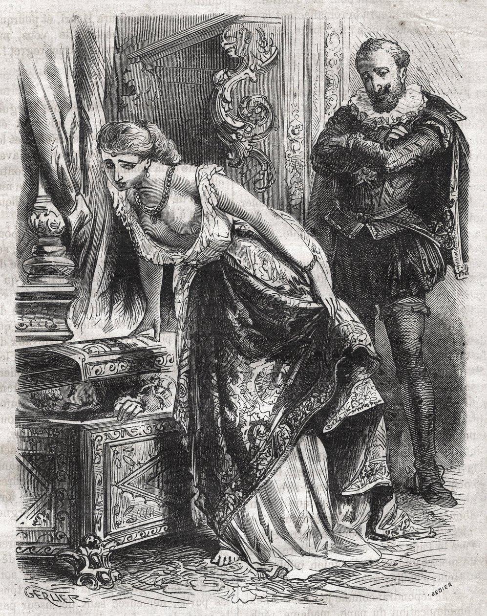 Marguerite de Valois (1553-1615), známá jako královna Margot, ukrývá v trezoru svého milence Juliena de Leris. Její manžel, francouzský král Jindřich IV. (1553-1610), scénu s legrací pozoruje. 16. století. Rytina z roku 1871 v „Histoire Des Cocuses Celebre od French School