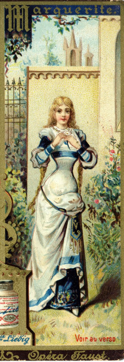Markétka v opeře Faust od Charlese Gounoda vytvořené v roce 1859 podle skladby Johanna Wolfganga von Goetha. Abeceda ženských jmen na téma: ženské kostýmy a opery. Reklamní chromolitografie Liebig . od French School