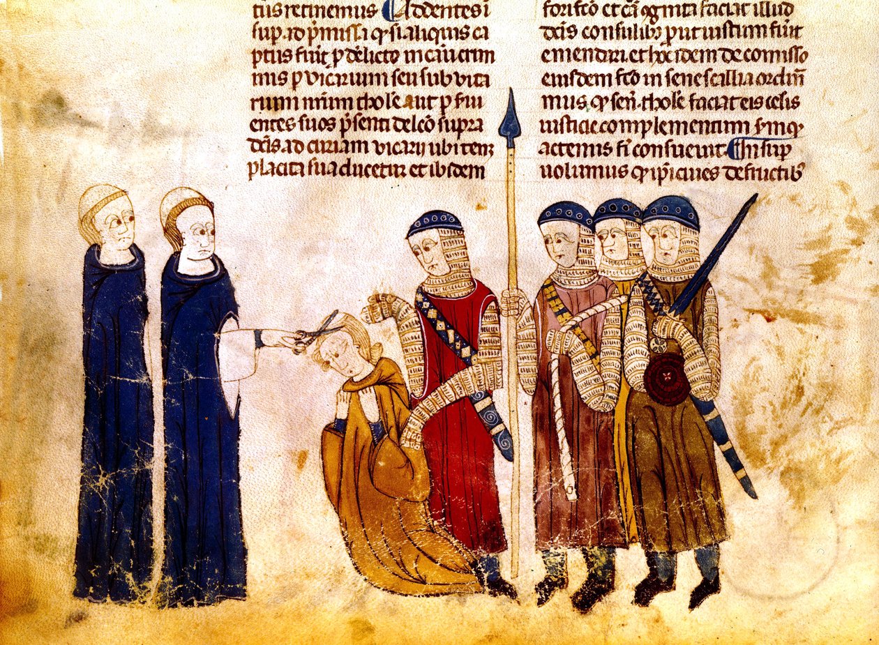Markéta Burgundská (1290-1315), manželka francouzského krále Ludvíka X., si nechává ostříhat vlasy za cizoložství (pergamen) od French School