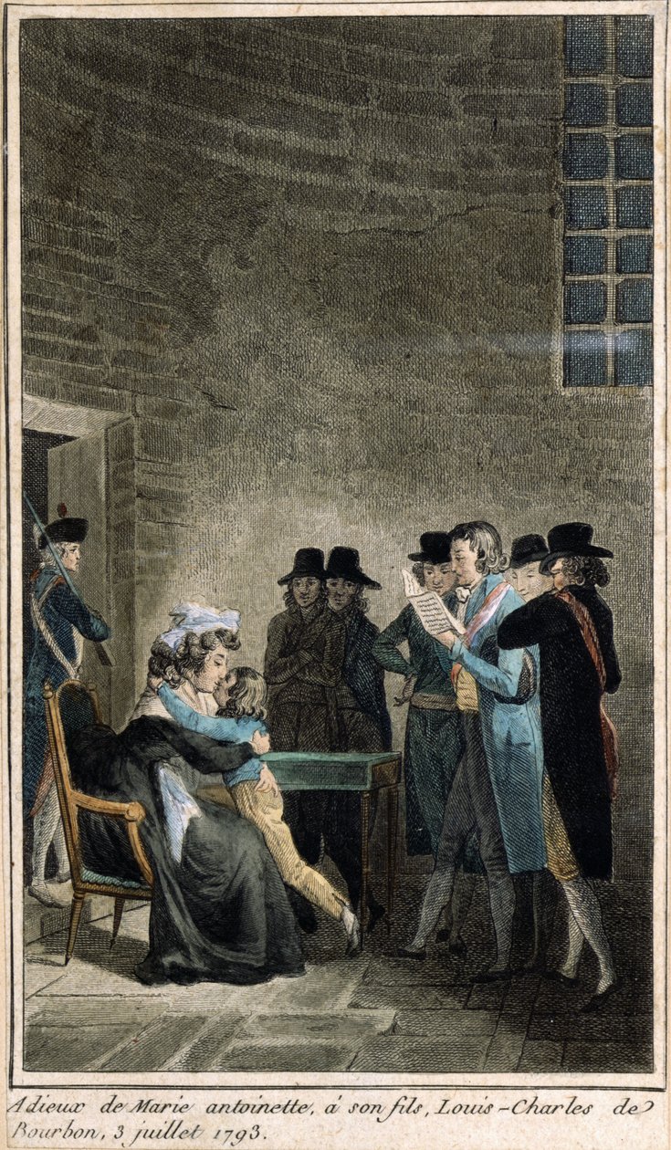 Marie-Antoinetta (1755-1793) se loučí se svým synem dauphinem, Louis-Charles de Bourbon (1785-1795) v chrámu, 3. července 1793, (barevná rytina zhotovená v době restaurování mony od French School