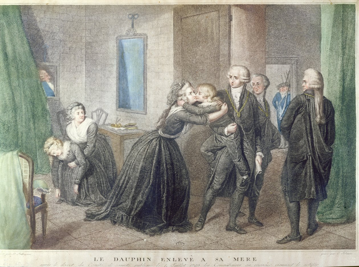 Marie-Antoinette (1755-1793) se loučí se svým synem dauphinem, Louis-Charles de Bourbon (1785-1795) v chrámu, 3. července 1793, (barevná rytina) od French School