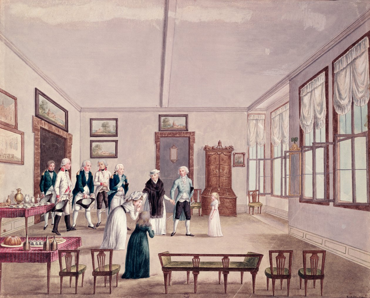 Marie-Therese-Charlotte de Bourbon, Madame Royale, se ve Vídni setkává se svými bratranci rakouským císařem Františkem II a jeho manželkou Marií Terezou po jejím propuštění v roce 1795 z pařížského vězení, kolem roku 1796 (wc od French School