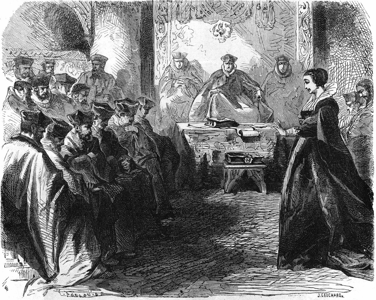 Marie Stuartovna (1542 = 1587) při svém soudu v roce 1587. V „“ Histoire de la France““, rytina z 19. století. od French School