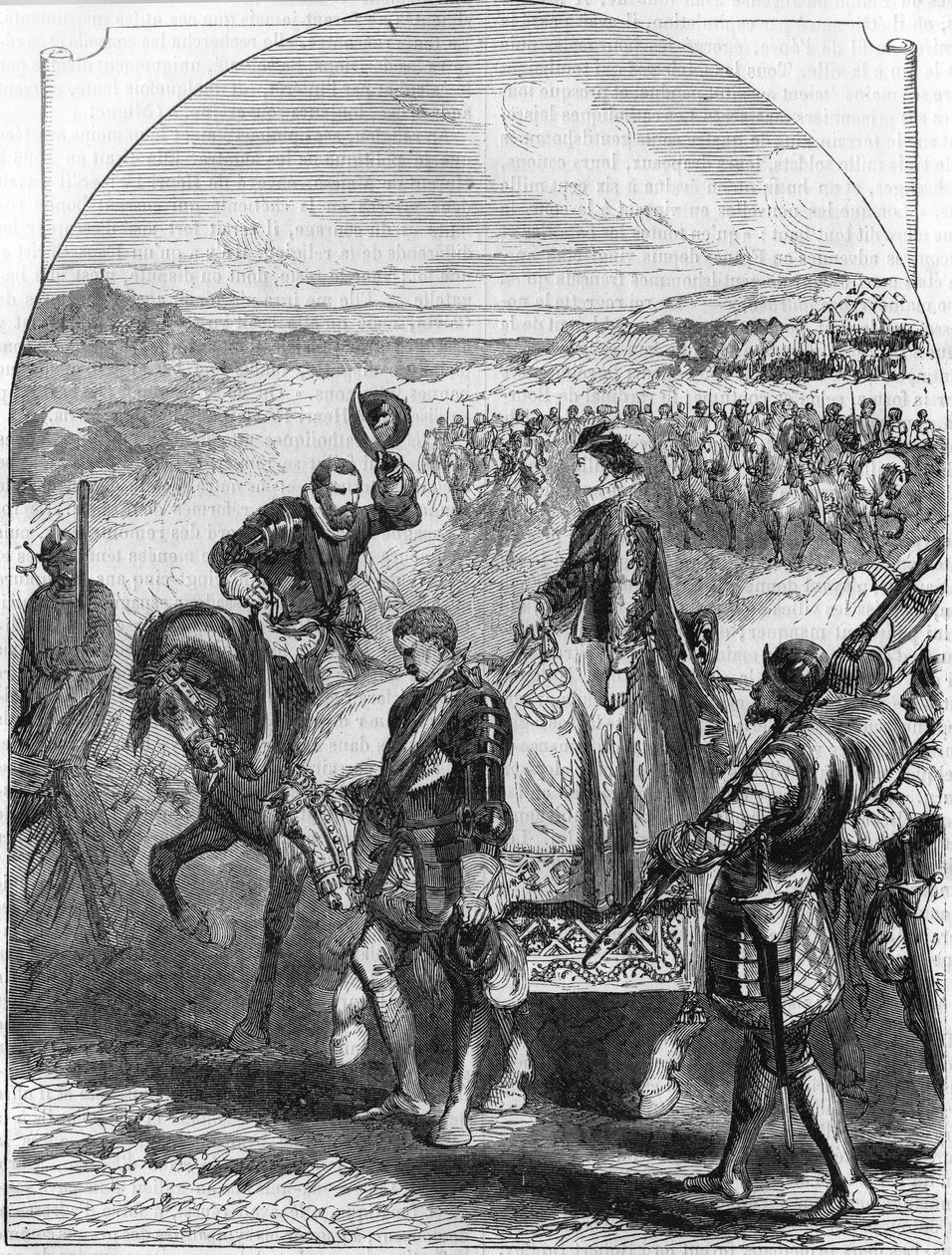 Mary Stuartovna se oddává Alžbětě 1. Anglie. V ""Populární historie Francie"", nd. kolem 1885. Rytina. od French School