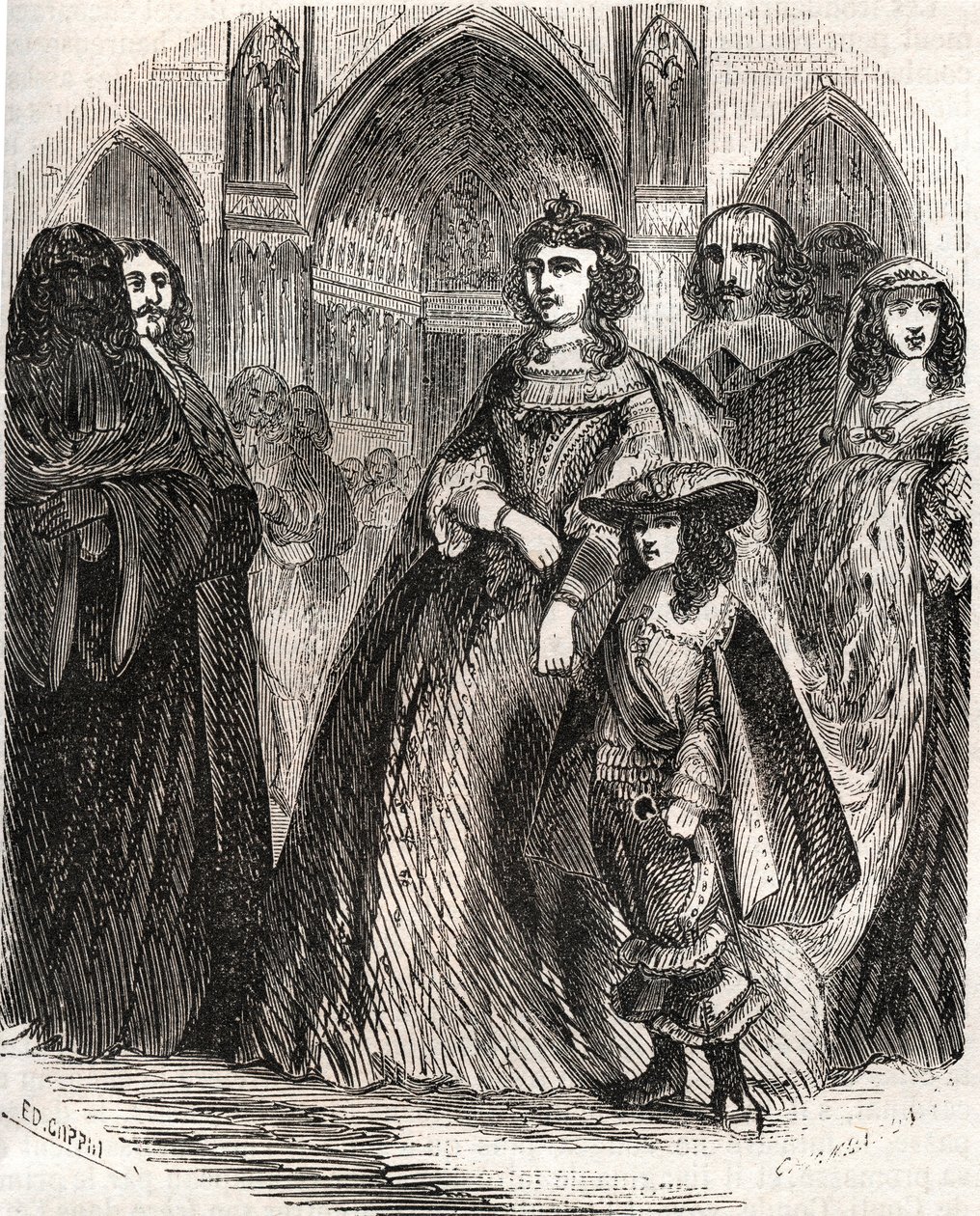 Marie de Medicis (1573-1642), francouzská královna a regentka království se svým synem Ludvíkem XIII. jedoucí do Notre-Dame de Paris - v "Histoire de France" od L.-P. Anquetil od French School