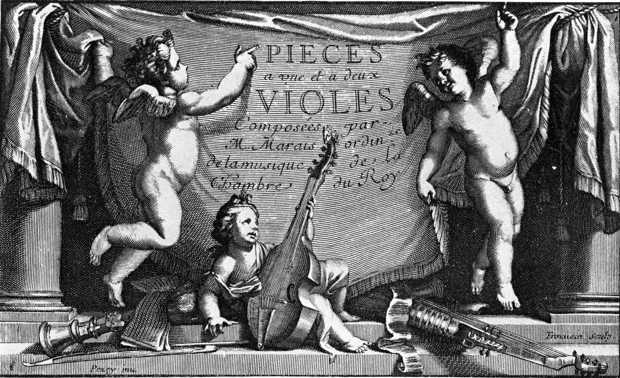 Marin Marais, frontispis „Pieces a une et feux viololes“ od French School