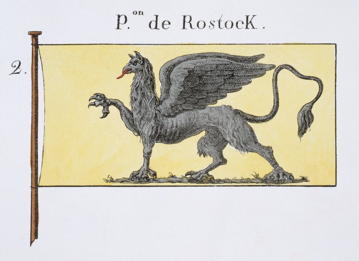 Námořní vlajka s emblémem gryfa označujícím erb de Rostock, z francouzské knihy vlajek, cca 1819 od French School