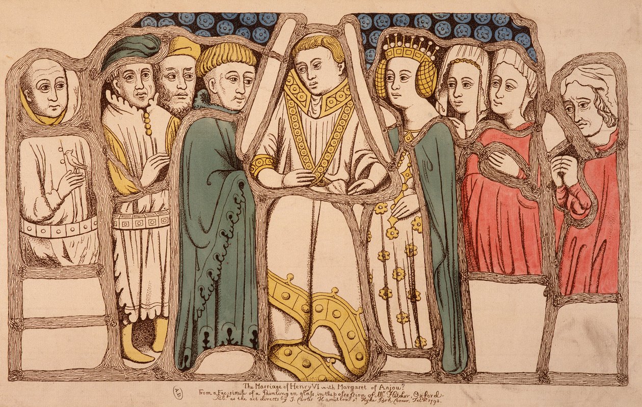 Sňatek Jindřicha VI. Anglického (1421 - 1471) a Margarity z Anjou (1429 - 1482) v roce 1445. Rytina z roku 1793. Bibl. Arts Deco v Paříži. od French School