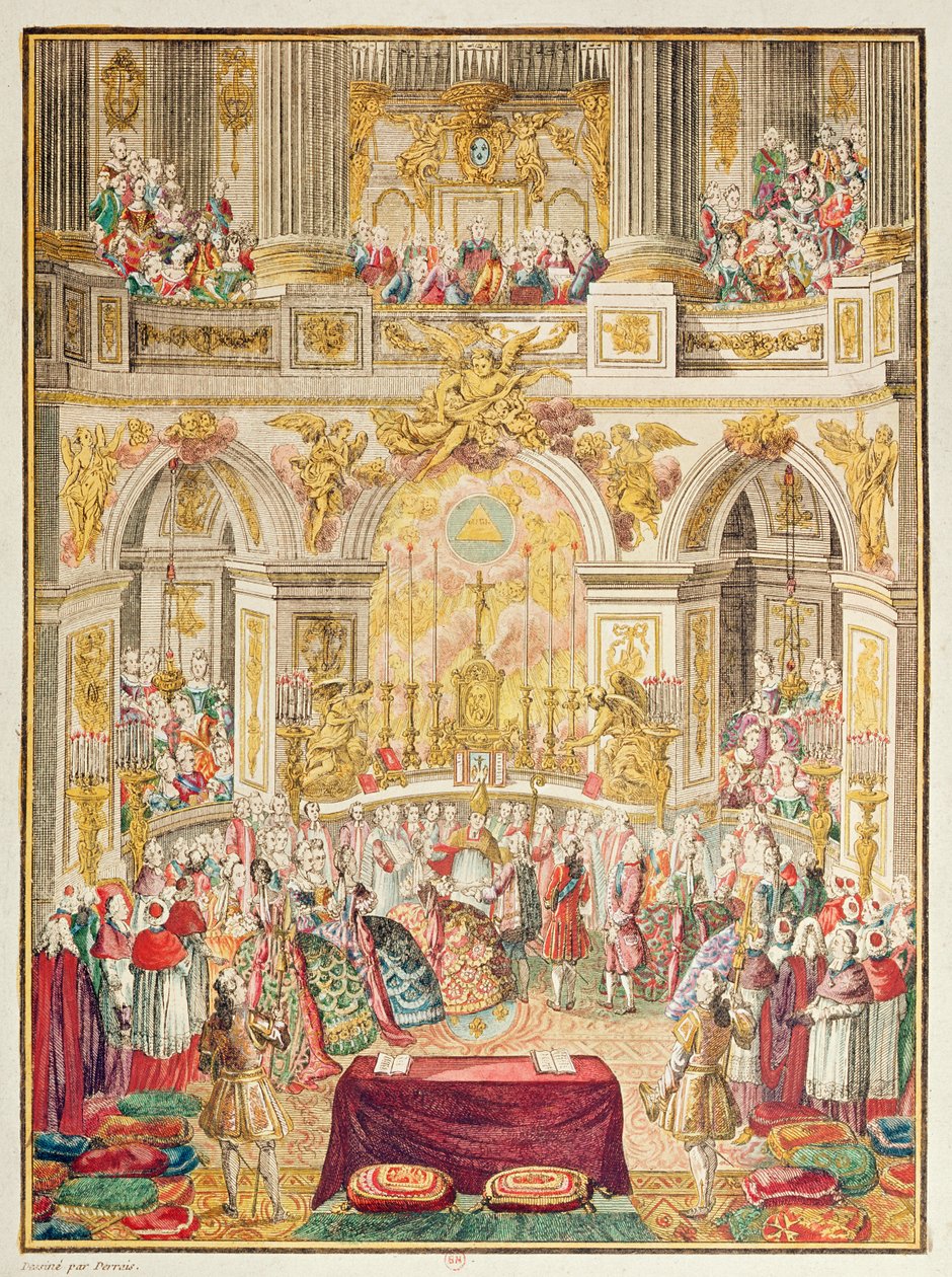 Sňatek francouzského dauphina (budoucího Ludvíka XVI.) s arcivévodkyní Marií-Antoinettou v kapli ve Versailles dne 16. května 1770 od French School