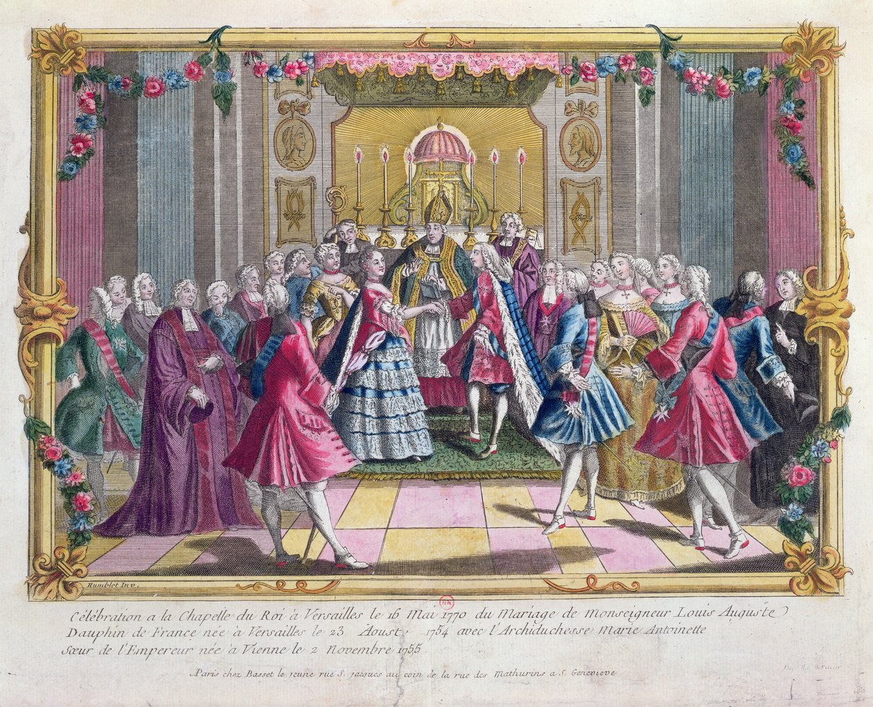 Sňatek francouzského dauphina (budoucího Ludvíka XVI.) s arcivévodkyní Marií-Antoinettou v kapli ve Versailles dne 16. května 1770 od French School