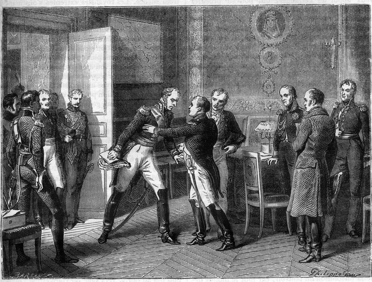 Maršál Michel Ney mění strany, 14. března 1815 se připojuje ke svým vojákům s Napoleonem - Les Hundred Days - Rozhovor s Marechalem Michelem Neyem a Napoleonem v Auxerre v roce 1815 - Marechal Ney se hlásí ve prospěch Napoleona I. se vrací z ostrova Elba - od French School