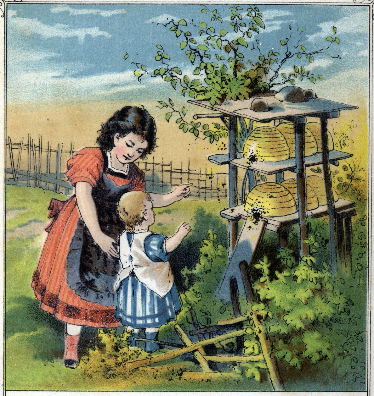 Marta ukazuje práci včel v úlu své malé sestře. Chromolitografie z "" Scenes enfantines""" ed. Guerin - Muller kolem roku 1885. od French School