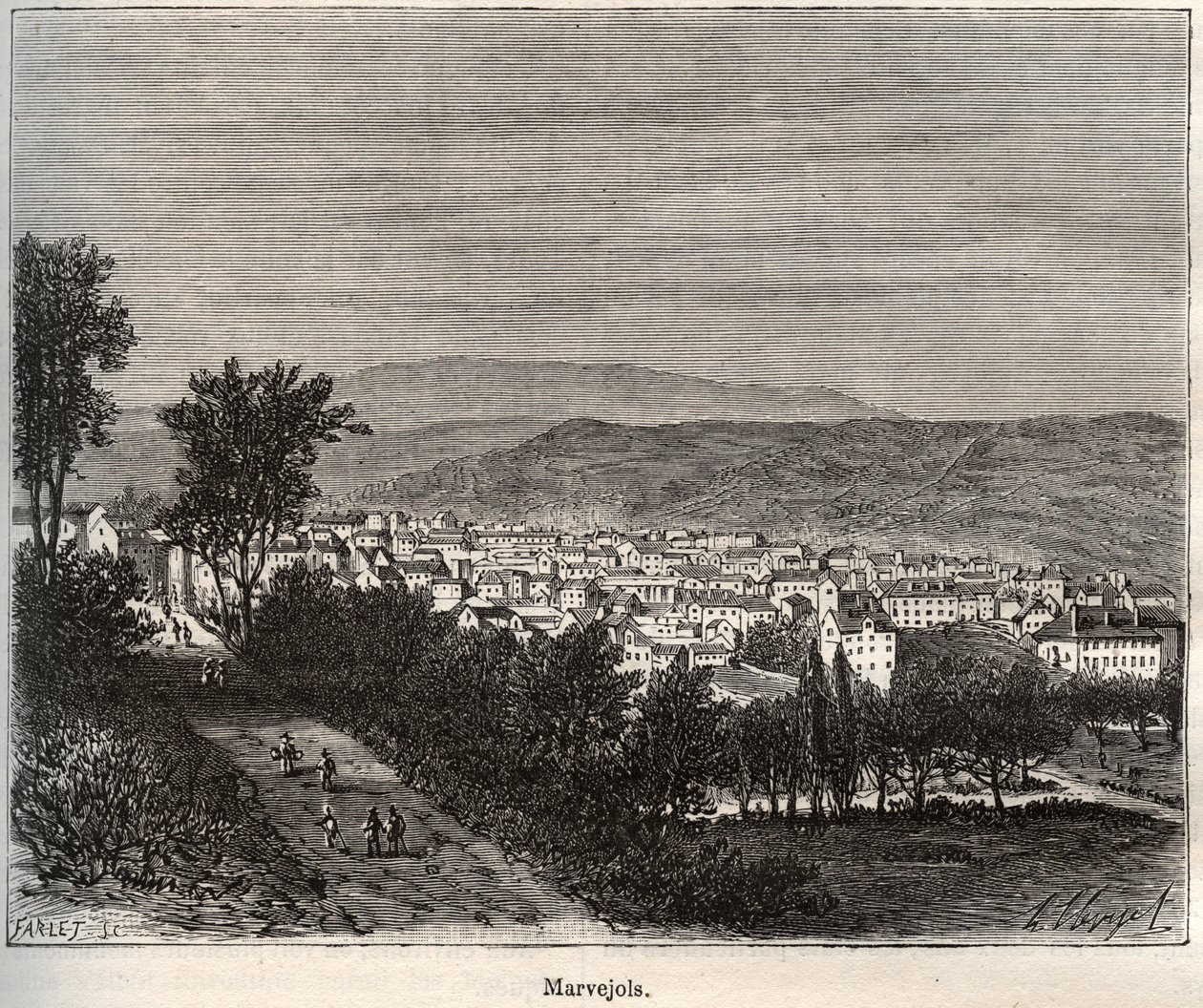 Marvejols - Lozere - Languedoc-Roussillon - rytina v „La France illustrée: geografie, historie, statistická správa“ od V.-A. Sladově hnědá. 1884 od French School