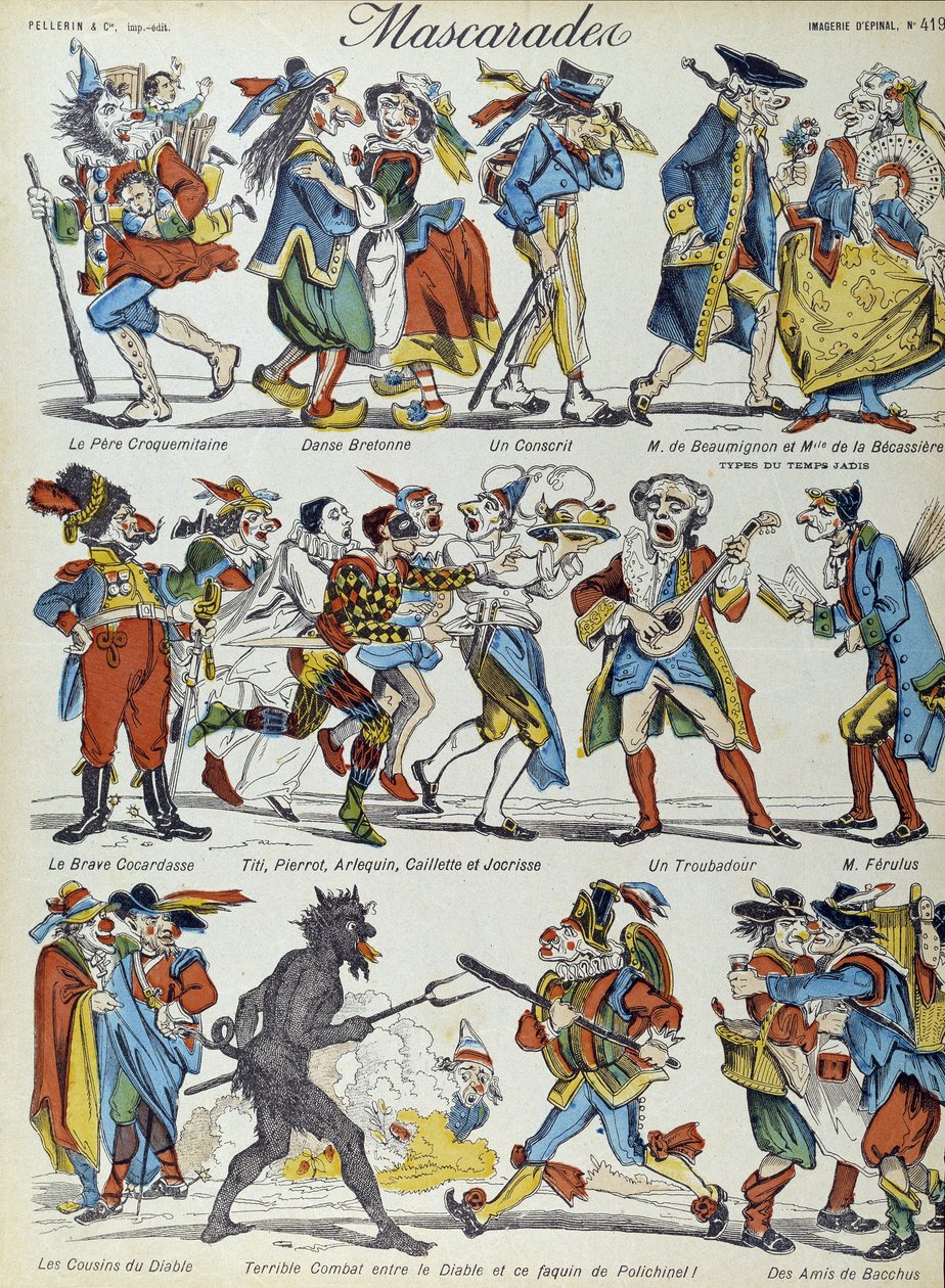 Maškaráda: maskované karikaturní postavy - Obrázek Epinal od French School