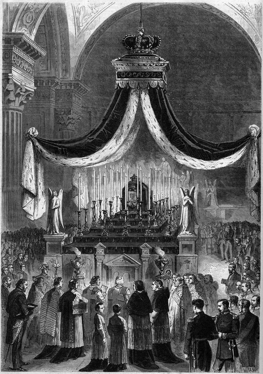 Mše sloužená v kostele Madeleine v Paříži 21. listopadu 1861 na památku krále Petra V. (Pedro V.) a jeho bratra Fernanda (Fernando) z Portugalska. Rytina v „“ Le Monde Illustré““ č. 242 z 30. listopadu od French School