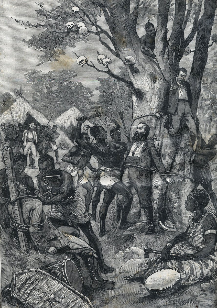 Masakr v Kongu: Evropané zásobování kanibaly. V „Le petit Parisien““ z roku 1898. od French School