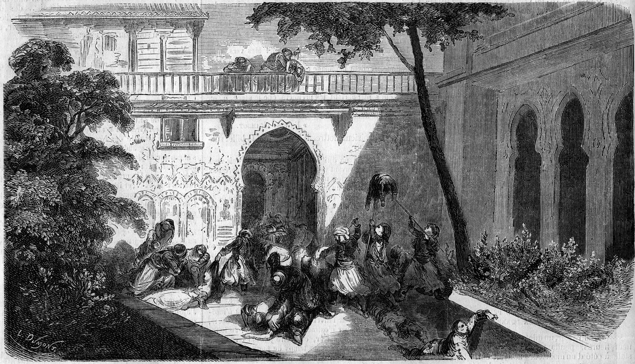 Masakr maronitských křesťanů Drúzy (Drúzy) na dvoře domu v Deir el Kamar (Deir el Kamar), Sýrie od French School
