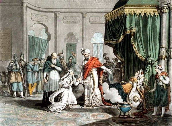Mathilda žádá Saladina o tělo Malek-Adhel, vyryté Pierrem Michelem Alixem (1762-1817) (rytina) od French School