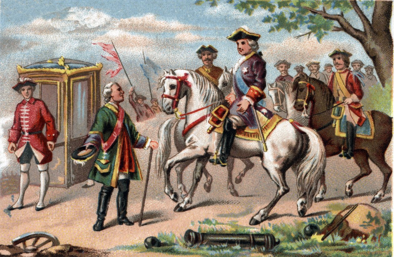 Maurice Saský, marechal Saska (1696-1750), vítězný v bitvě u Fontenoy, se setkal s Ludvíkem XV. Francouzským (1710-1774). Chromolitografie kolem roku 1890. od French School