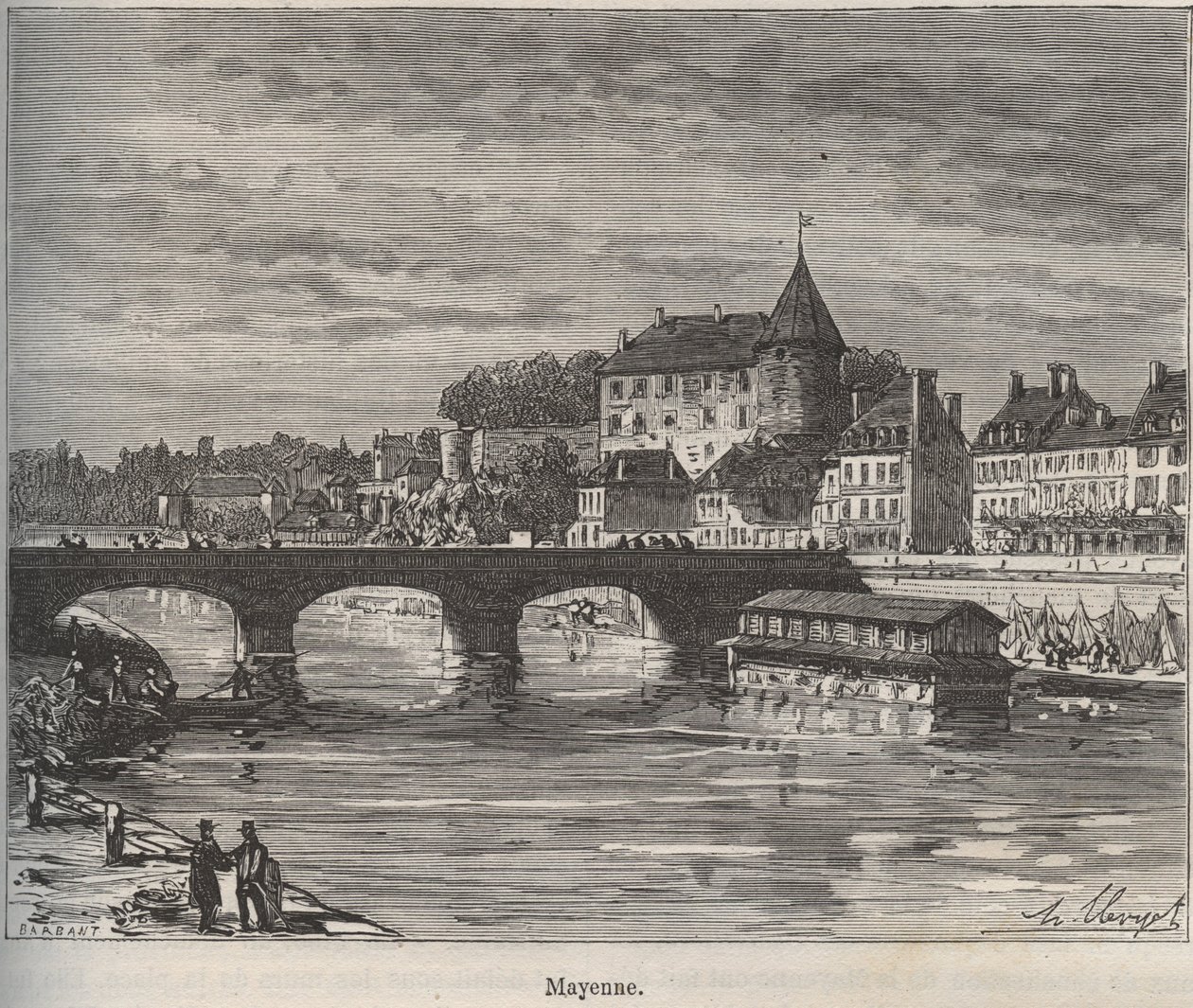 Mayenne je obec na západě Francie v regionu Pays de la Loire - rytina v „La France illustree: geography, history, Administration Statistique“ od V.-A. Sladově hnědá. 1884 od French School
