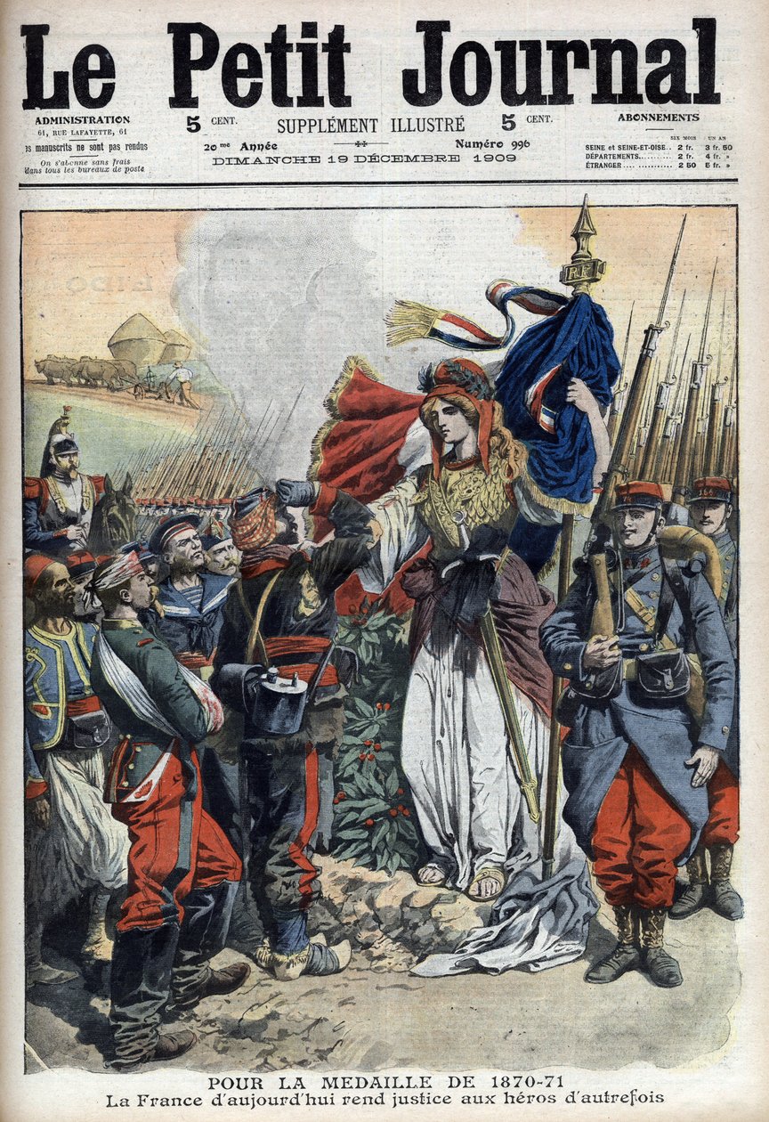 Medaile pro válečné veterány v letech 1870-1871: alegorie Francie prokazující spravedlnost hrdinům minulosti - „Le Petit Journal“ z 19. prosince 1909 (rytina) od French School