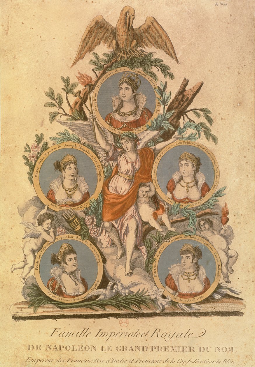 Medailony představující členy císařské rodiny Napoleona I.: císařovnu Josefínu; Marie Julie, manželka Josepha Napoleona; neapolský král; Augusta Amelia Bavorská; Frederica Kateřina z Wuru od French School