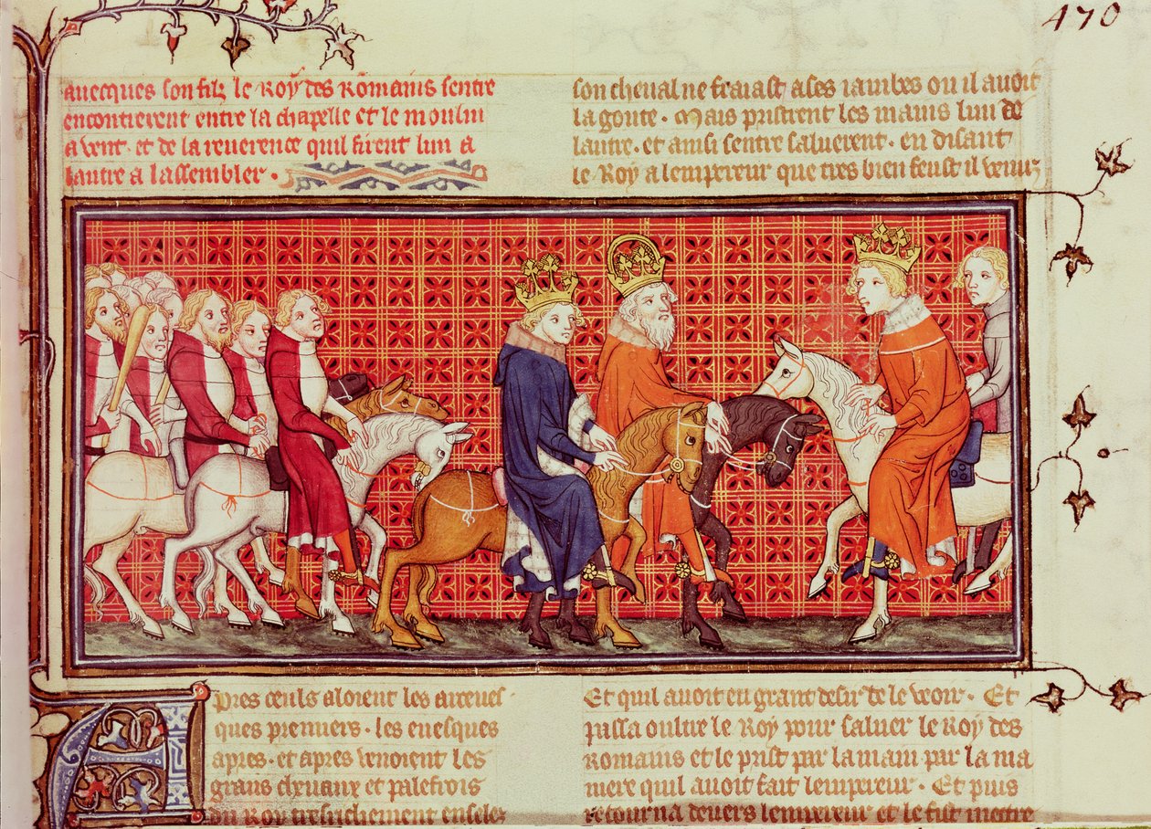 Setkání mezi francouzským Karlem V. (1338-80) a císařem Svaté říše římské Karlem IV. (1316-78) v doprovodu římského krále z Grandes Chroniques de France od French School