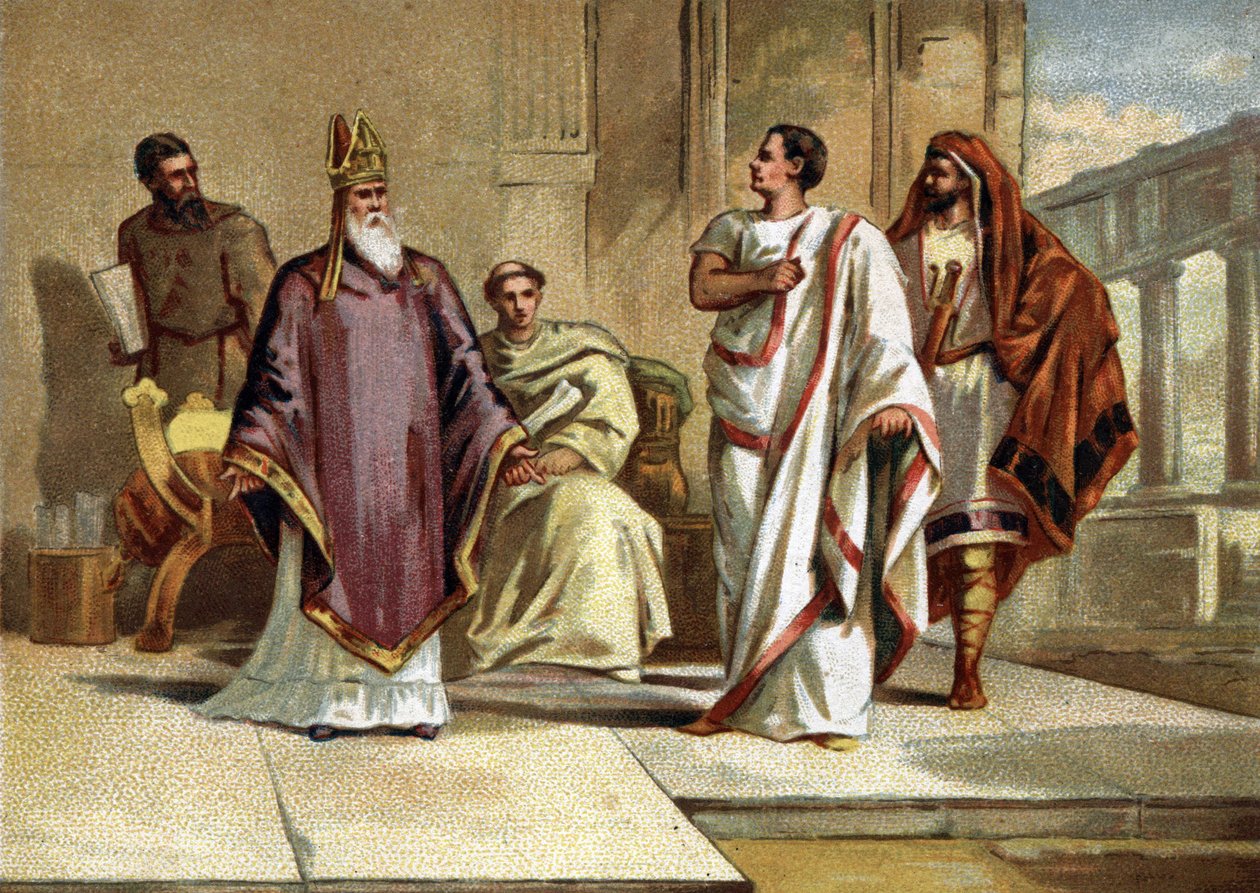 Setkání mezi císařem Flaviem Juliem Valensem (328-378) římským císařem a svatým Basilem z Cesaree nebo Basilem Velikým (330-379), eveque a otcem církve. Chromolitografie konce 19. století od French School