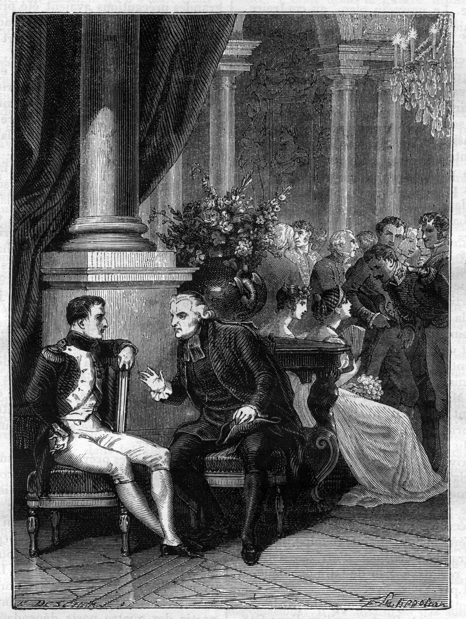Setkání Napoleona I. v Genes (Genova) v Itálii s kardinálem Jeanem Siffreinem Maurym (1746-1817) 1805 - v „Dějinách impéria po historii konzulátu““ od Adolphe Thierse - 1879 - soukromá sbírka od French School