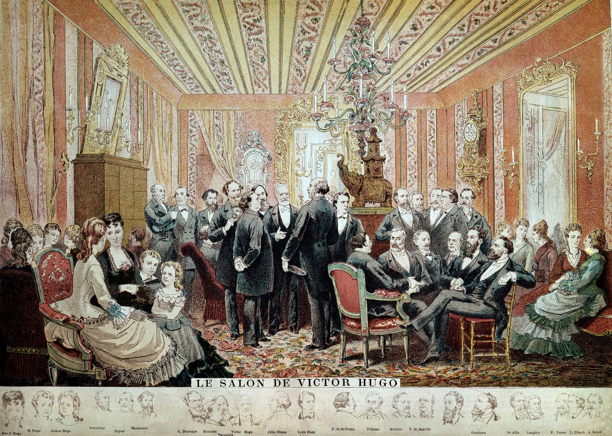 Setkání v Literárním salonu Maison Hugo, Paříž, kolem roku 1875 (rytina) od French School