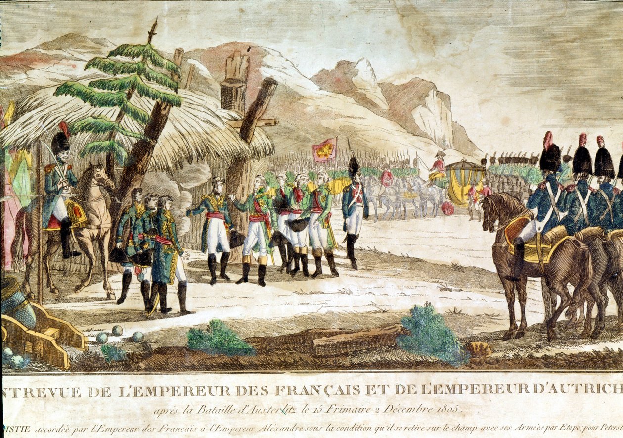 Setkání císaře Napoleona I. a rakouského císaře Františka II. (1768 - 1835) po bitvě u Slavkova dne 2.12.1805. od French School