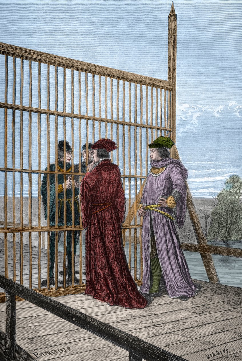 Setkání francouzského krále Edwarda IV. a Ludvíka XI. v Pecquigny - Treat de Picquigny (departement Somme) 29. srpna 1475 mezi Ludvíkem XI. a Edwardem IV. končí stoletou válku - rytina v „L