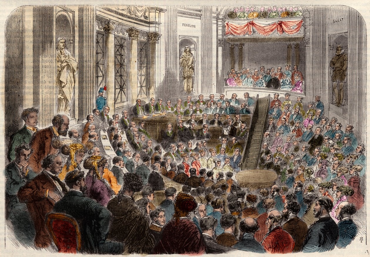 Schůze francouzské akademie dne 23. dubna 1868. Přijetí pana Julese Favrea (1809-1880), francouzského politika. Gravírování v „“L