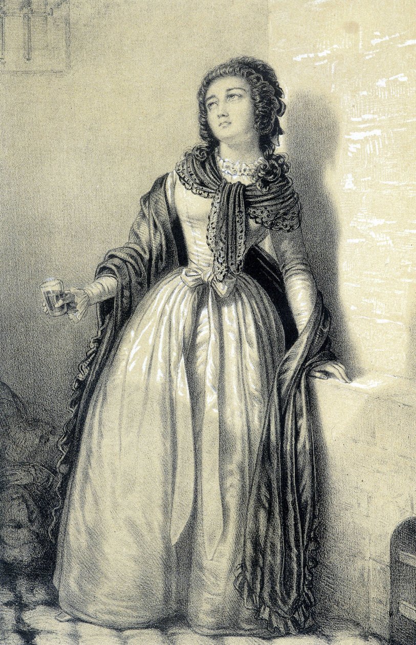 Melle (Mademoiselle) de Sombreuil uvězněná v opatství Saint Germain popíjející sklenici krve, aby zachránila svého otce z rukou revolucionářů – v „Galerie historique de la Revolution Française““ od Alberta Maurina, ed. Paříž 1843 od French School