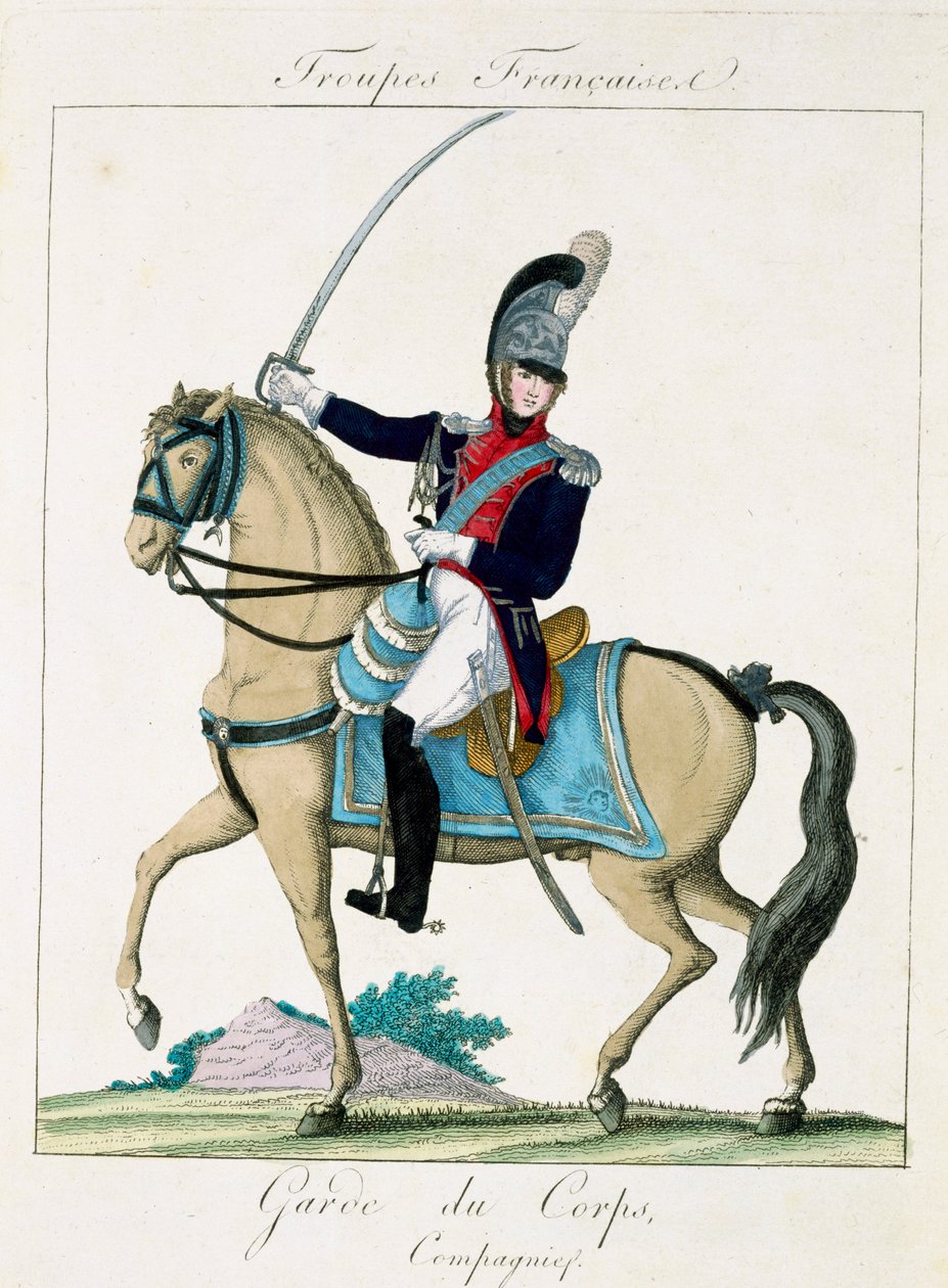 Člen Grd du Corps, z Troupes Francaises, hospoda. chez Basset, Paříž, kolem roku 1790 od French School