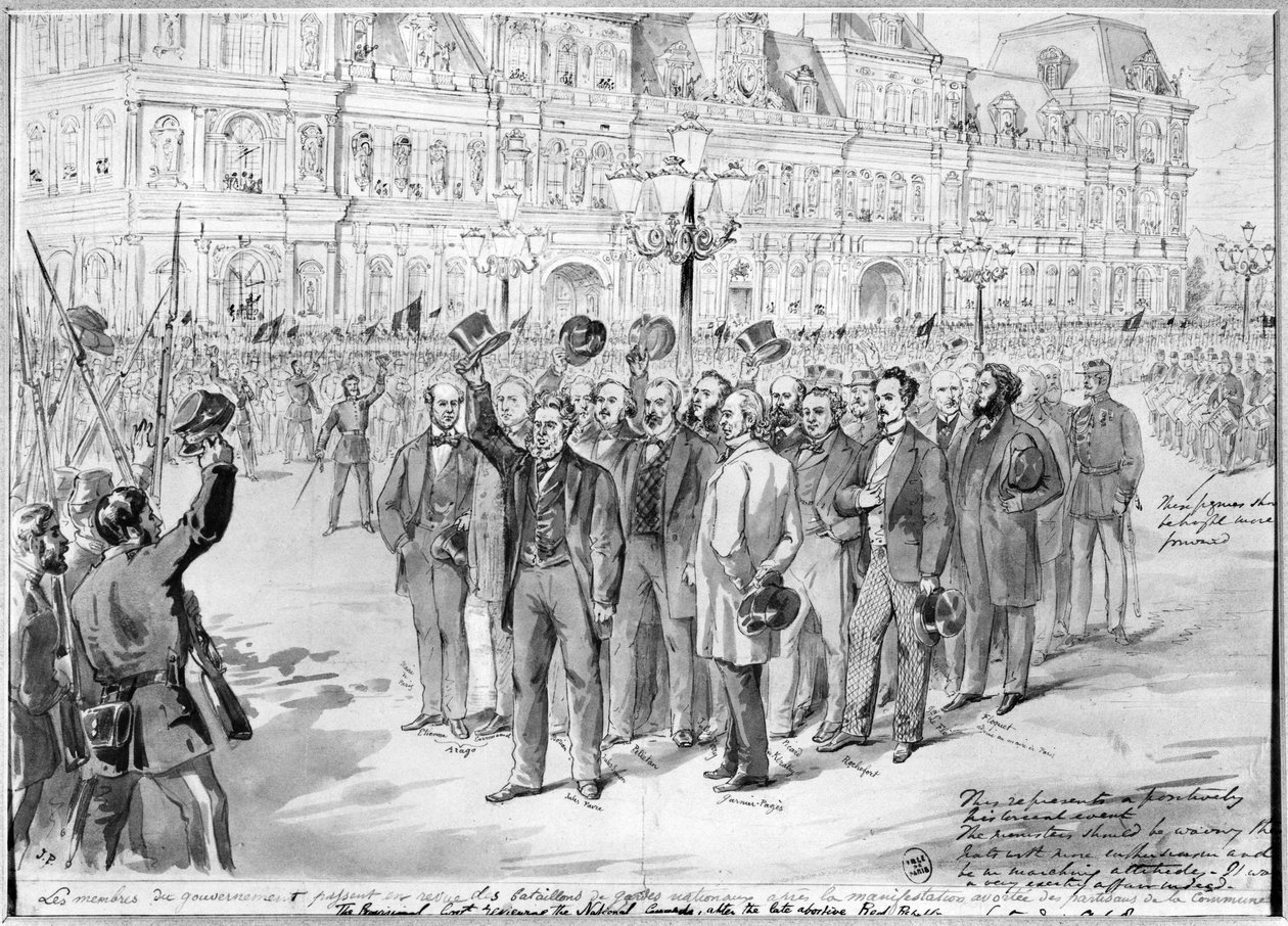 Členové prozatímní vlády prověřující národní gardy před hotelem de Ville v Paříži dne 31. října 1870, kolem roku 1870 od French School