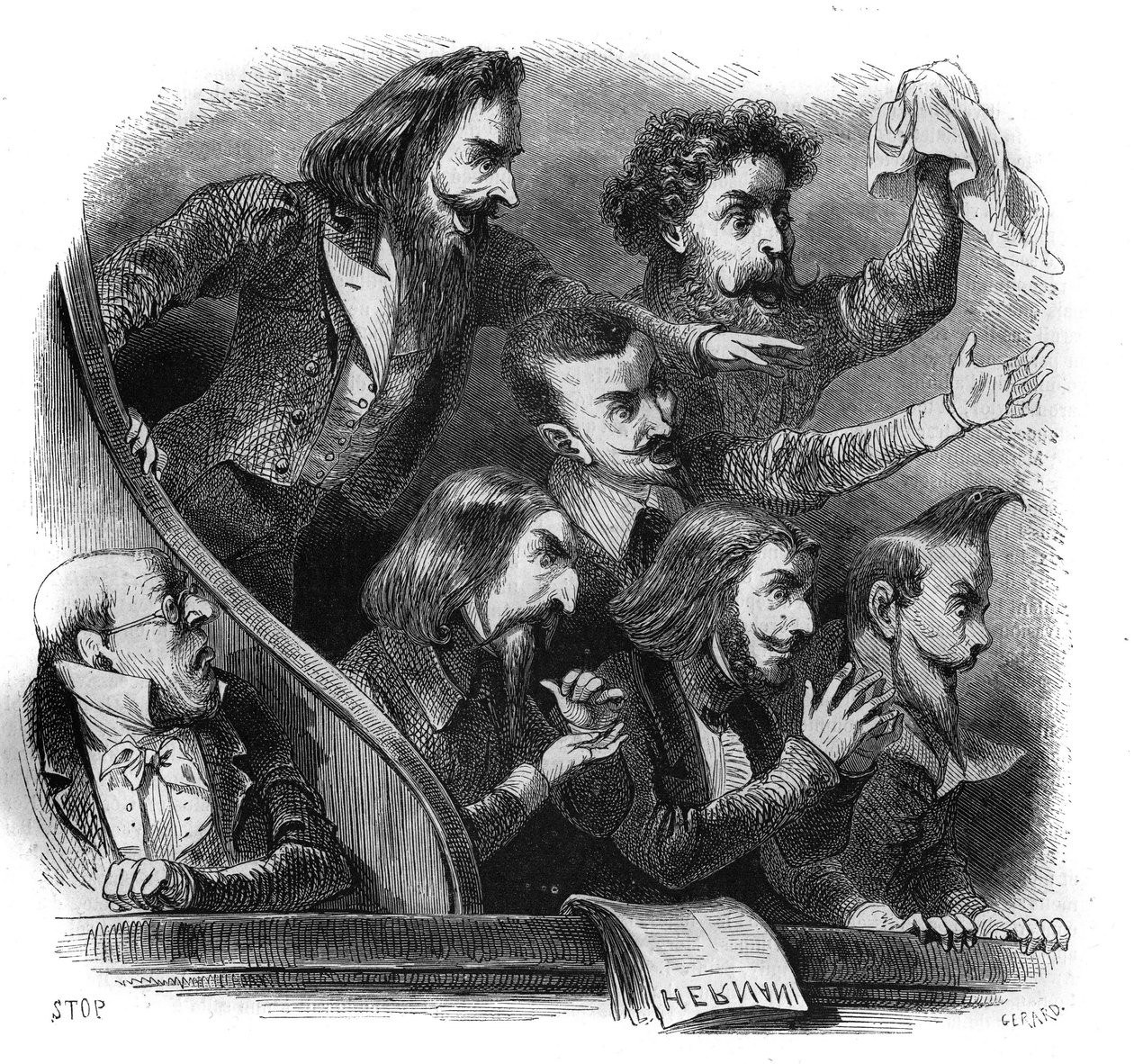 Členové romantického literárního hnutí se účastní prvního představení díla Victora Huga „Hernani“ (1802-1885) v Comedie Francaise v Paříži, 25. února od French School