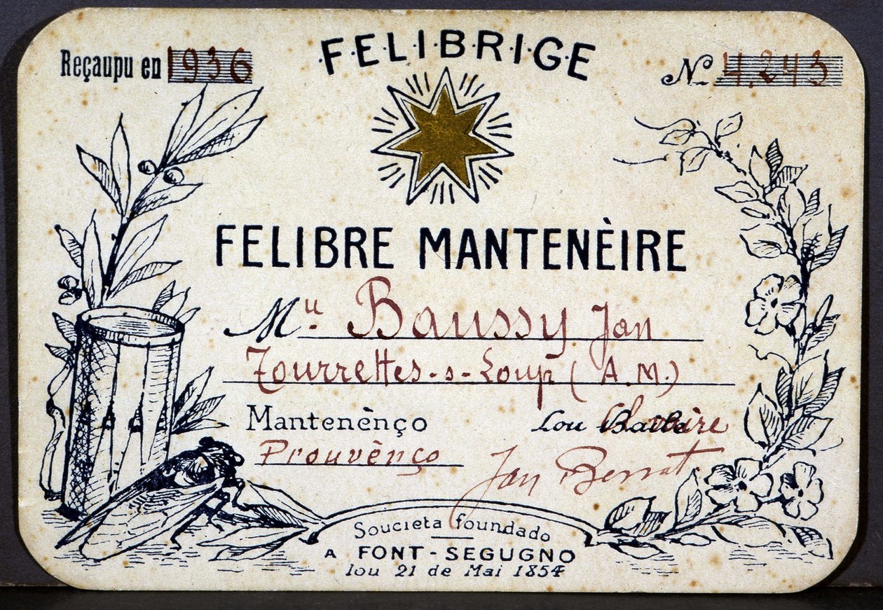 Členský průkaz Jana Baussyho ve spolku Felibrige, Felibre od French School
