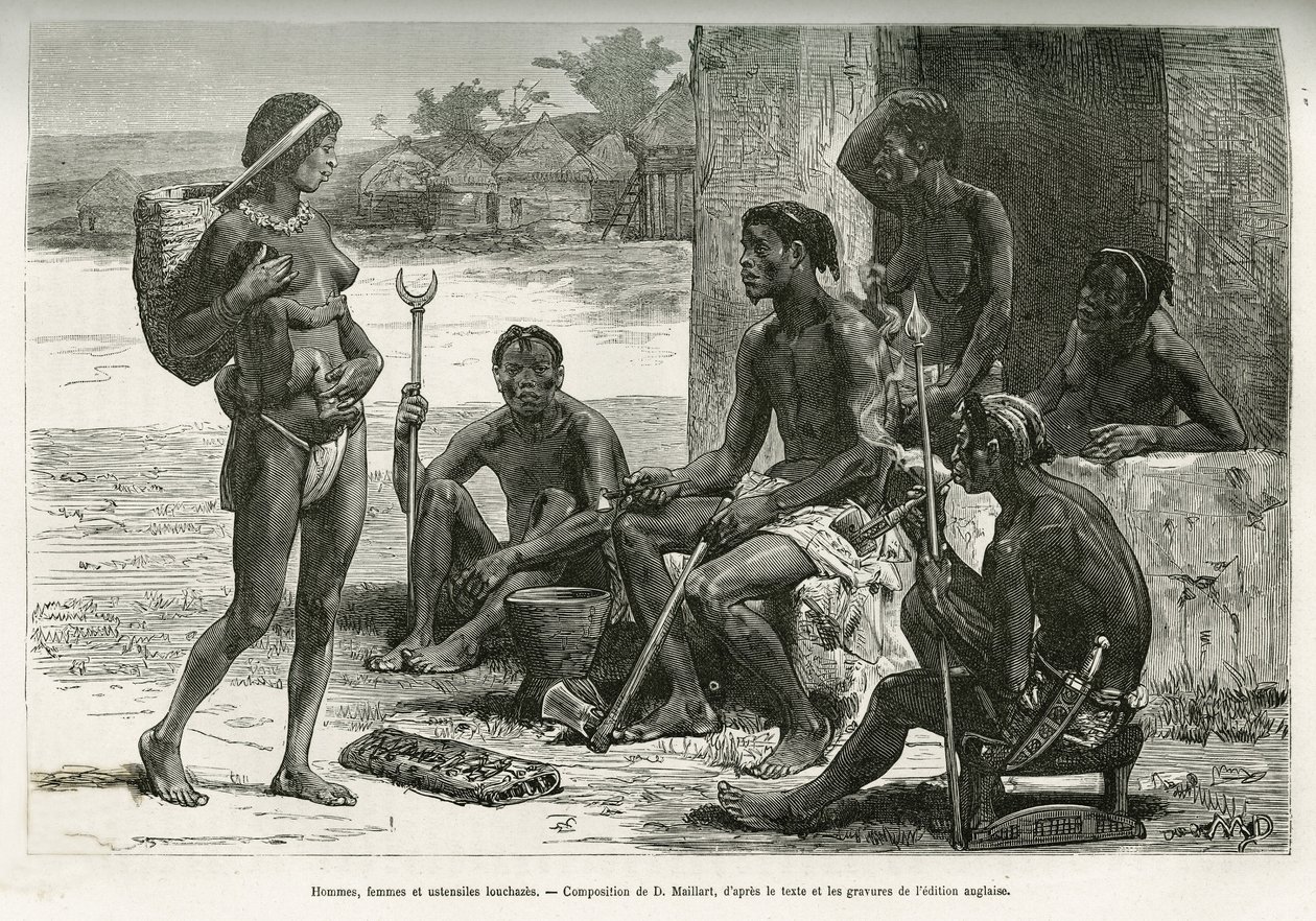 Muži, ženy a nádobí (region Bihe, Rwanda). Rytina D. Maillarta k ilustraci příběhu Jak jsem přešel Afriku od Atlantského oceánu k Indickému oceánu, který v letech 1877-1878 vydal major Serpa Pinto v časopise Tour du monde pod vedením Ed. od French School