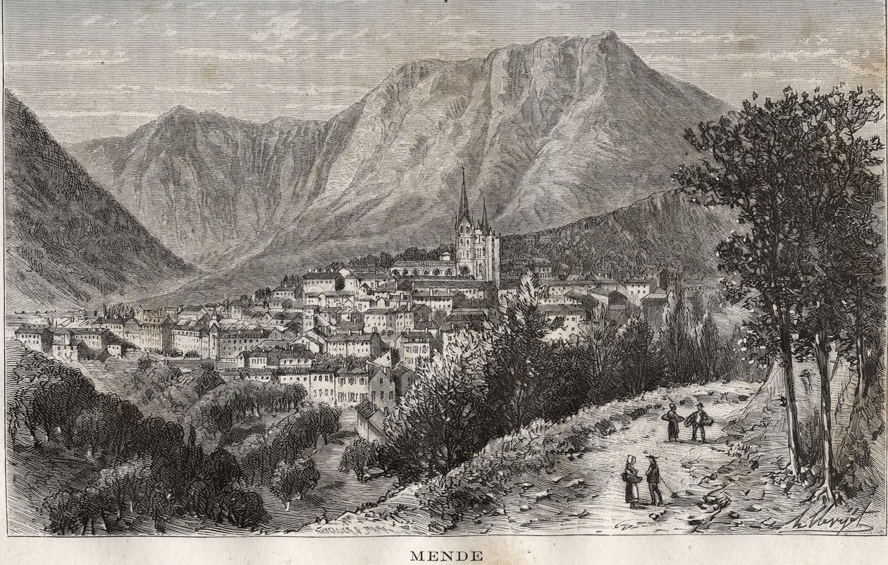 Mende - Lozere v regionu Languedoc-Roussillon - rytina v „La France illustrée: geografie, historie, statistická správa“ od V.-A. Sladově hnědá. 1884 od French School