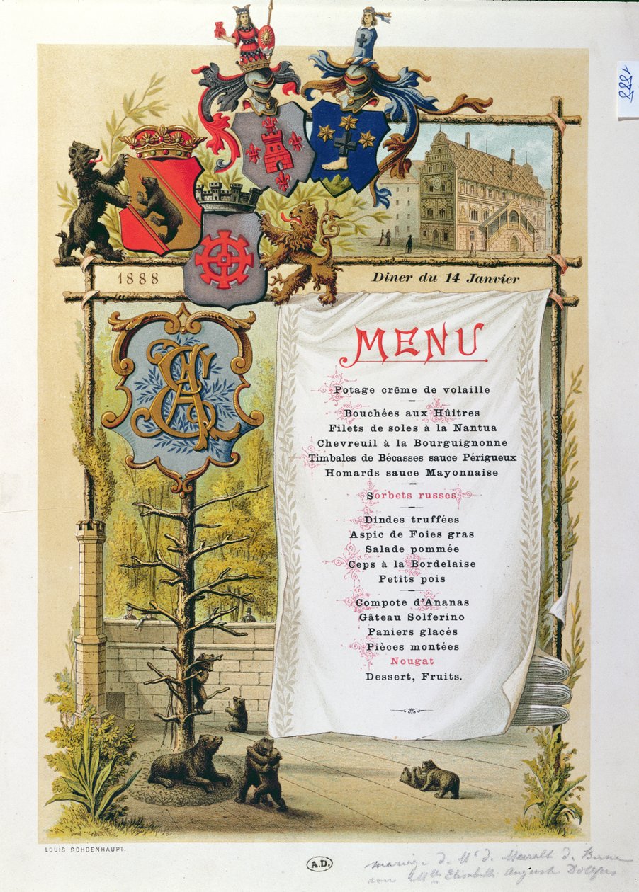 Menu, možná z Le Bernois, 14. ledna 1888 od French School