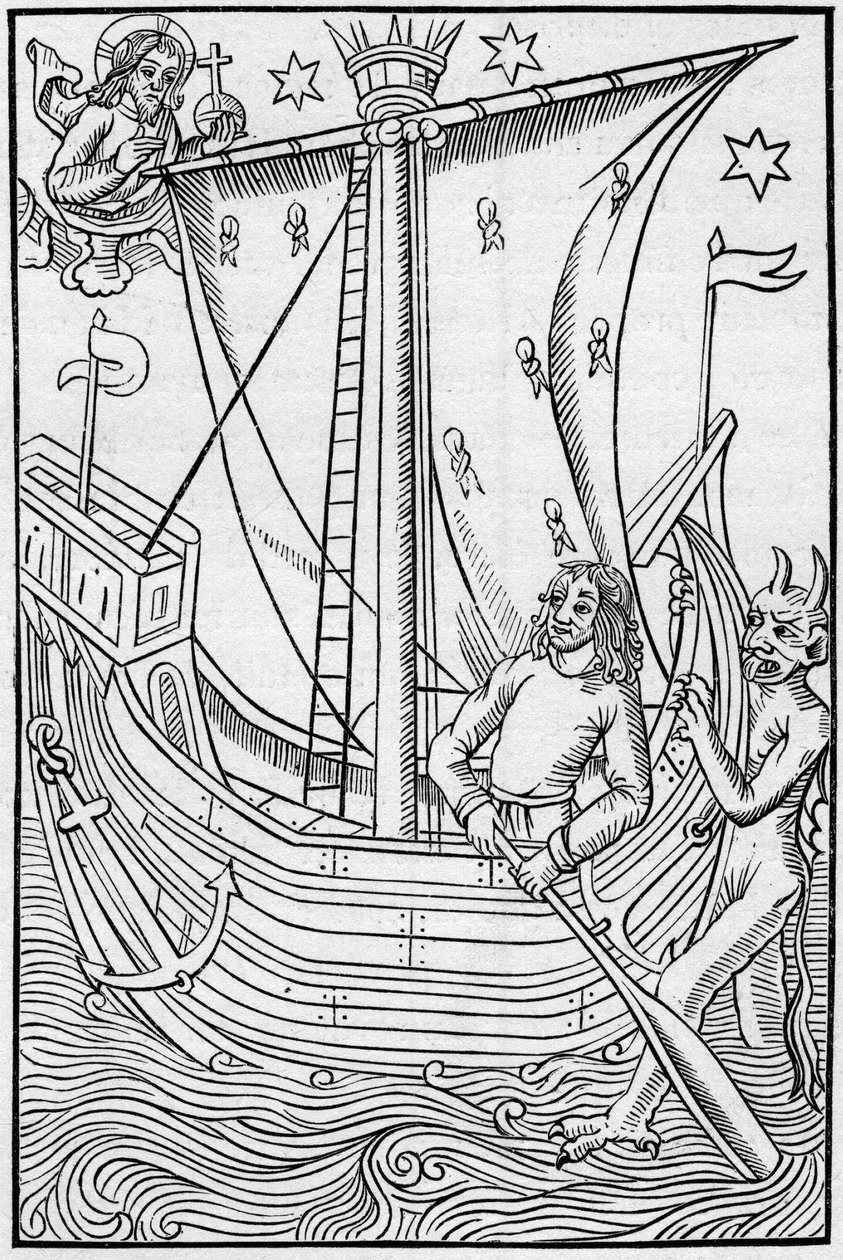 Obchodní loď středověku uprostřed nebezpečí moře. Rytina v „La Marine et les colonies: commerce“ od French School