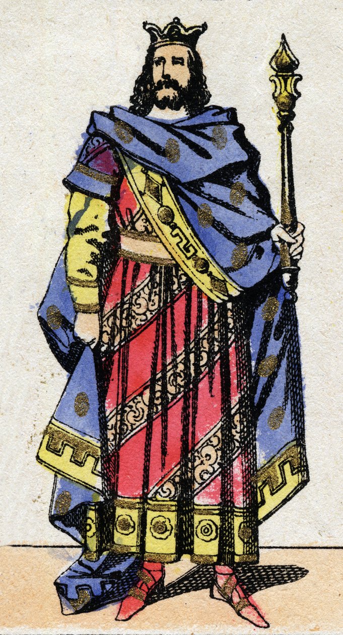Dynastie Merovejců: Portrét Clotairea IV. (685-719) krále australských Franků v letech 717 až 719. Epinal zobrazování z konce 19. století. Soukromá sbírka. od French School