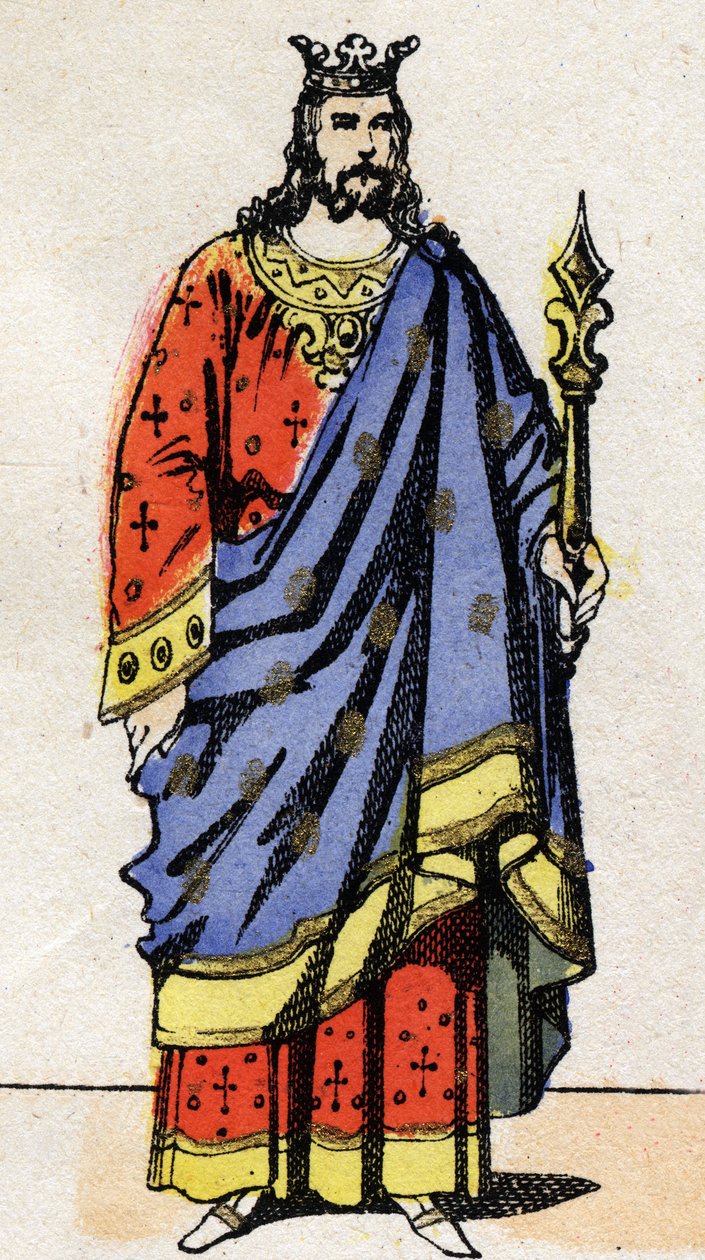 Dynastie Merovejců: Portrét Dagoberta III. (699-715) krále Franků v letech 711 až 715. Epinal zobrazení z konce 19. století. Soukromá sbírka. od French School