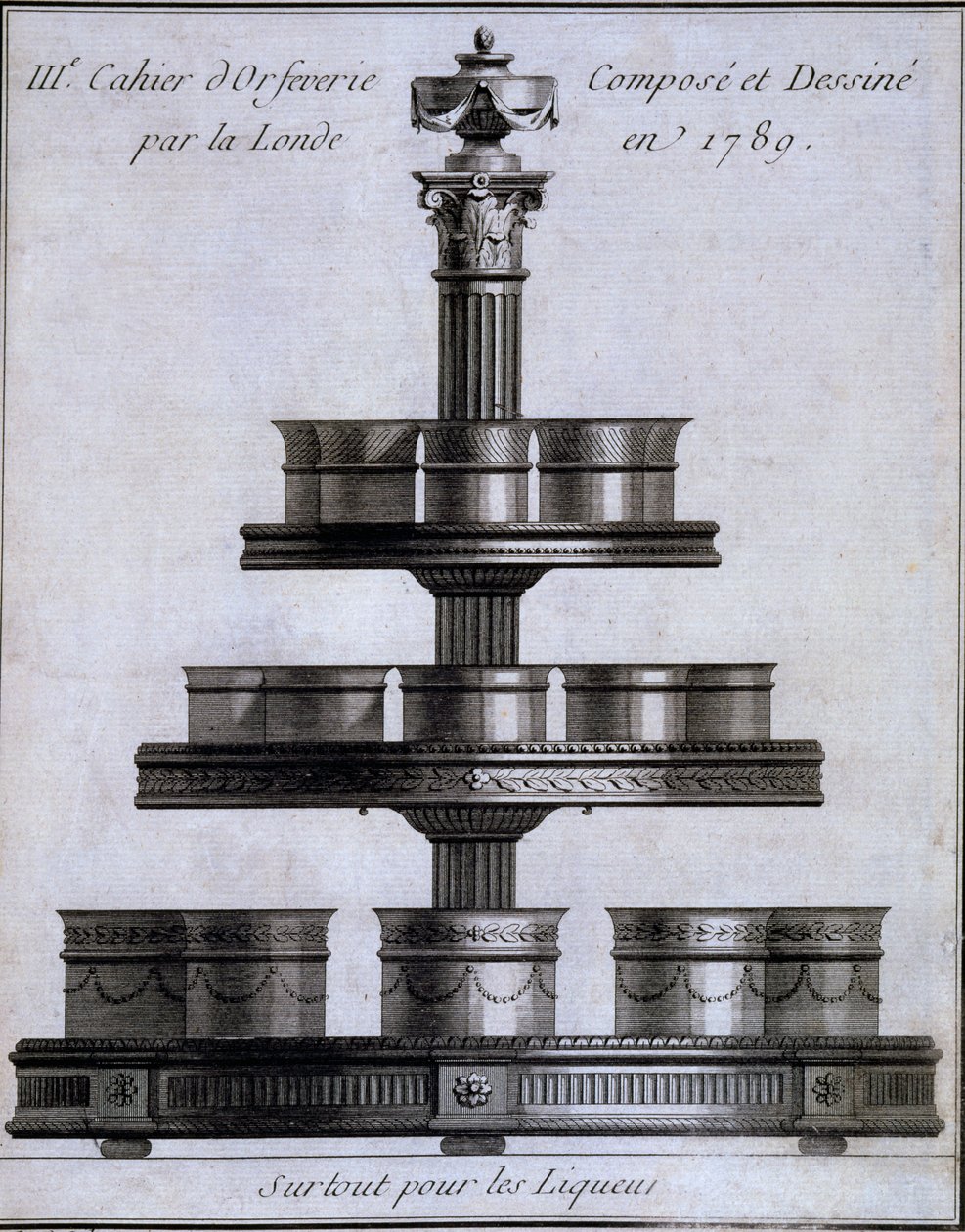 Kovové zpracování: sada likérových kelímků na stojánku, 1780-96 od French School